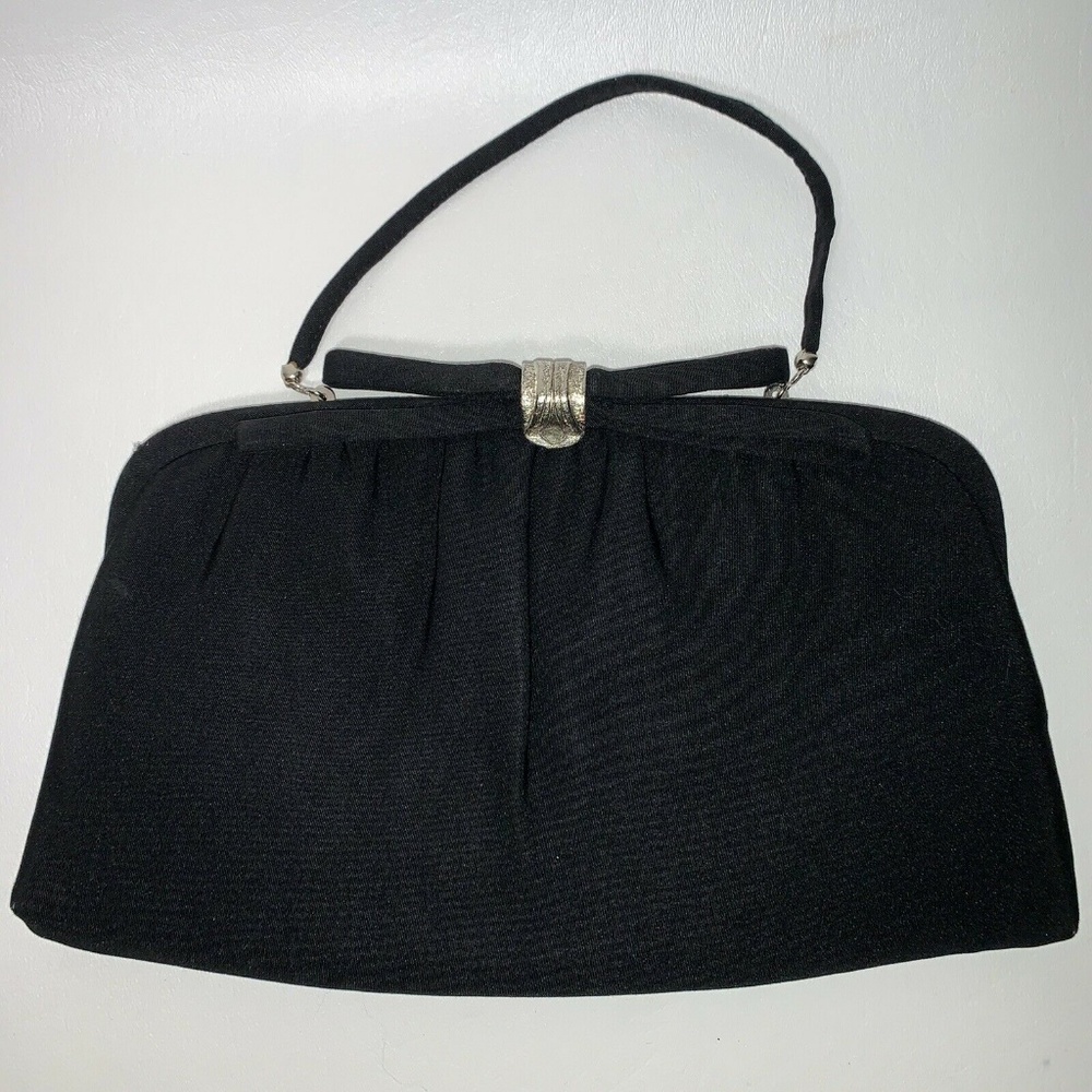 Vintage Black Fabric Sliver Clasp Cocktail Handbag